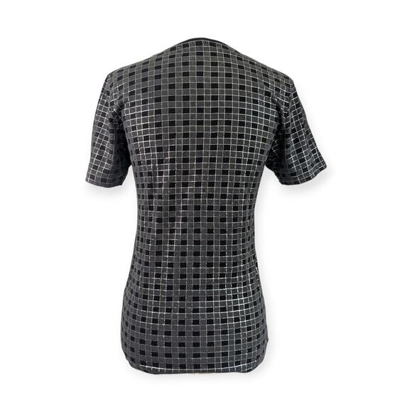 Theory Rodiona Short Sleeve Shirt Top Size S Slub Tee Black Silver Checkered - Picture 3 of 8